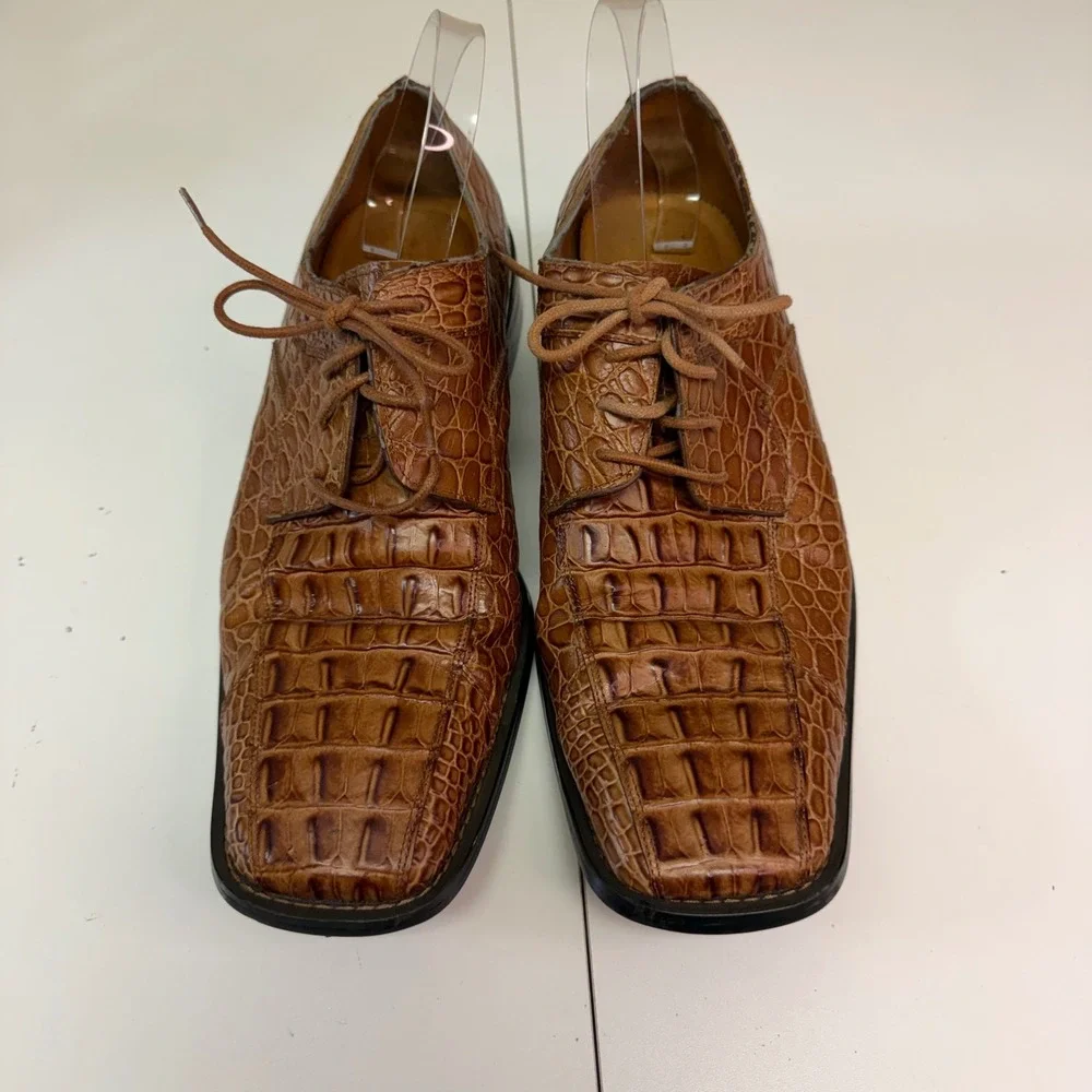 Moretti Collezione Italia Mens 9.5 Brown Crocodile Embossed Leather Shoes A1788‎